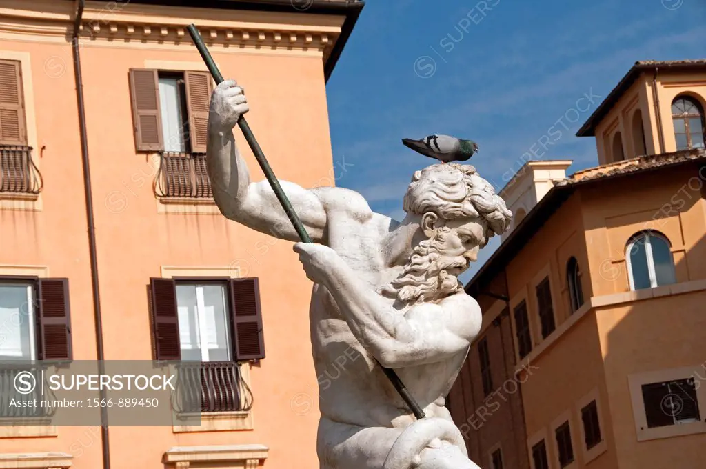 Italy, Lazio, Rome, Piazza Navona, detail of Fontana del Nettuno, Neptune Fountain, by Gian Lorenzo Bernini, historical centre listed as World Heritag...