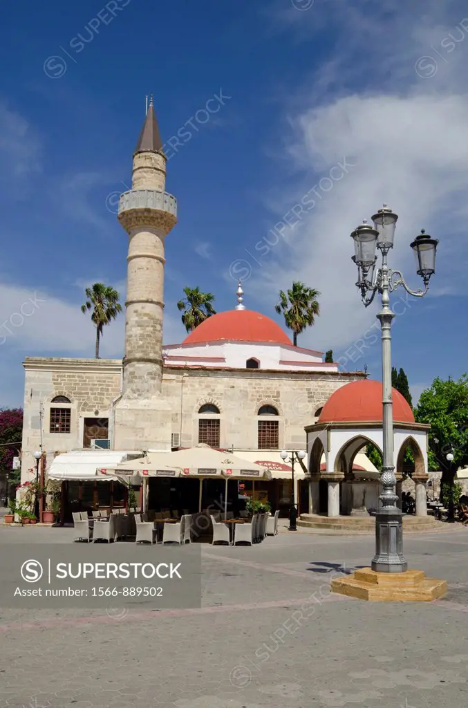 Cafe outside the Defterdar Mosque in Plateia Eleftherias, Kos Town, Dodecanese, Greece