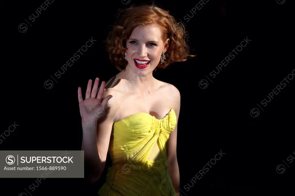 Europe, France, 06, Cannes Film Festival  The American actress, Jessica Chastain, before climbing the stairs, to present the film director Terrence Ma...