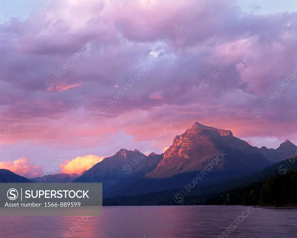 Sunset sky over Lake McDonald with Mt  Brown right and Mt  Cannon center, Glacier National Park, Montana, USA