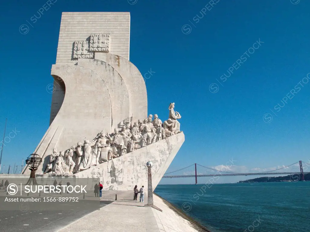 Monument to the Discoveries and 25 April bridge over Tajo river, Lisbon, Portugal