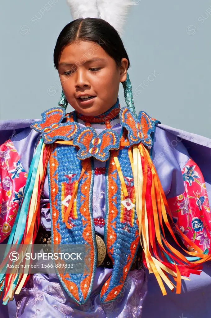 Girl´s fancy or shawl dancer, Pow-wow, Blackfoot Crossing Historical Park, Alberta, Canada