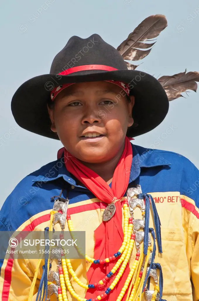 Young boy in traditional regalia, Pow-wow, Blackfoot Crossing, Alberta, Canada