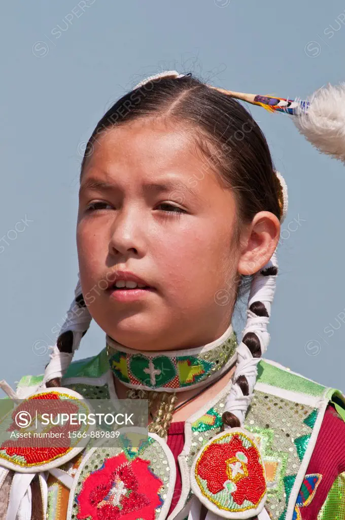 Portrait of girl´s fancy or shawl dancer, Pow-wow, Blackfoot Crossing Historical Park, Alberta, Canada