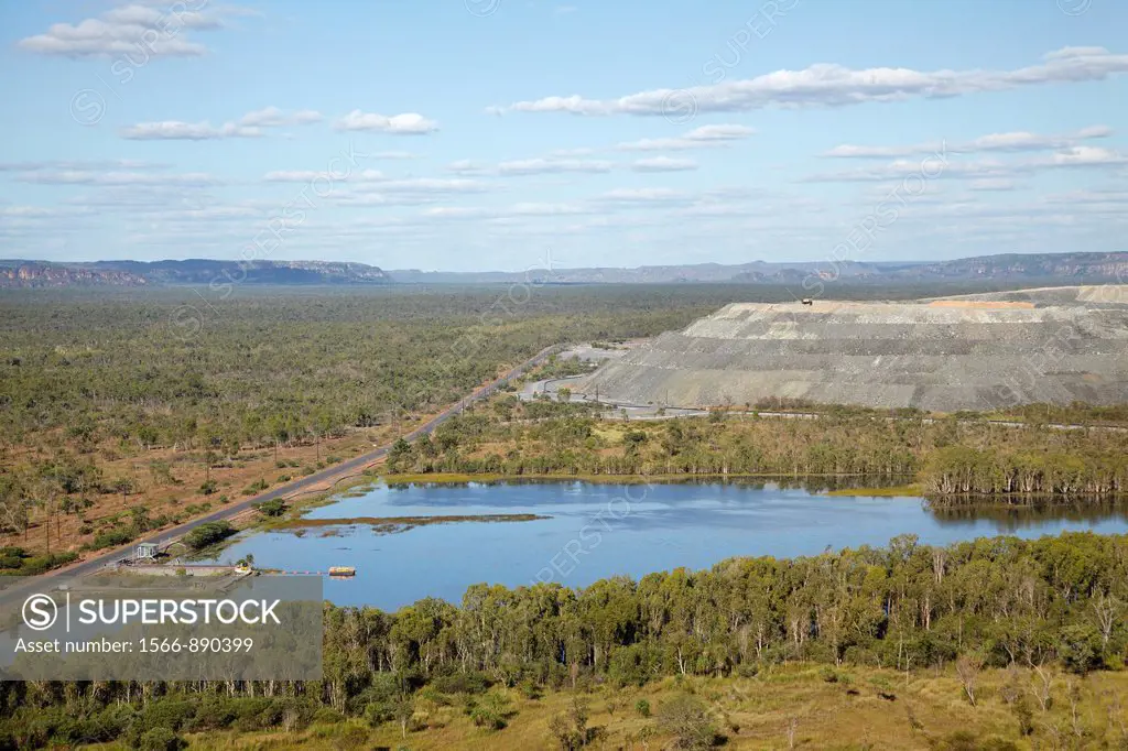 Aerial view of the retention pond, and uranium ore stockpile, Ranger Uranium Mine, Kakadu National Park, Northern Territory, Australia
