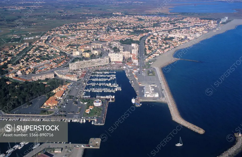 Saint Cyprien plage marina and village, Eastern Pyrenees, Languedoc-Roussillon region, France