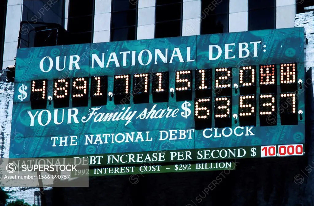 New York, NY, USA, Detail U S  national Debt Sign on Building near Times Square,