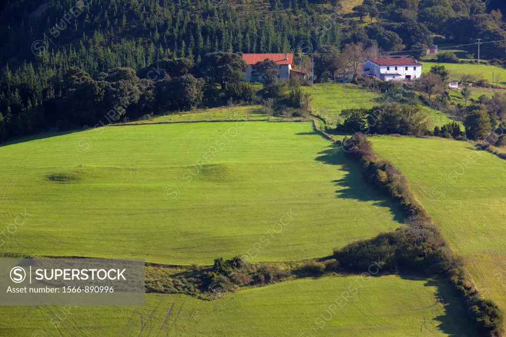 Spain, Basque Country Region, Guipuzcoa Province, Deba, elevated view of green field off Route N 634