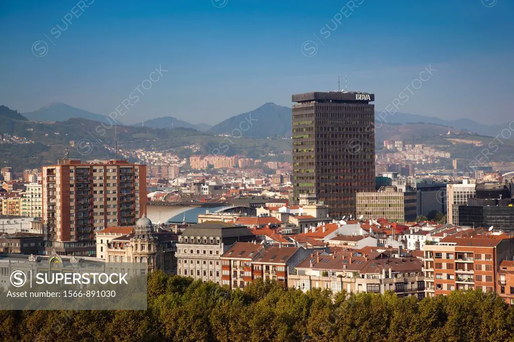 Spain, Basque Country Region, Vizcaya Province, Bilbao, elevated view of central Bilbao the Parque Etxebarria park