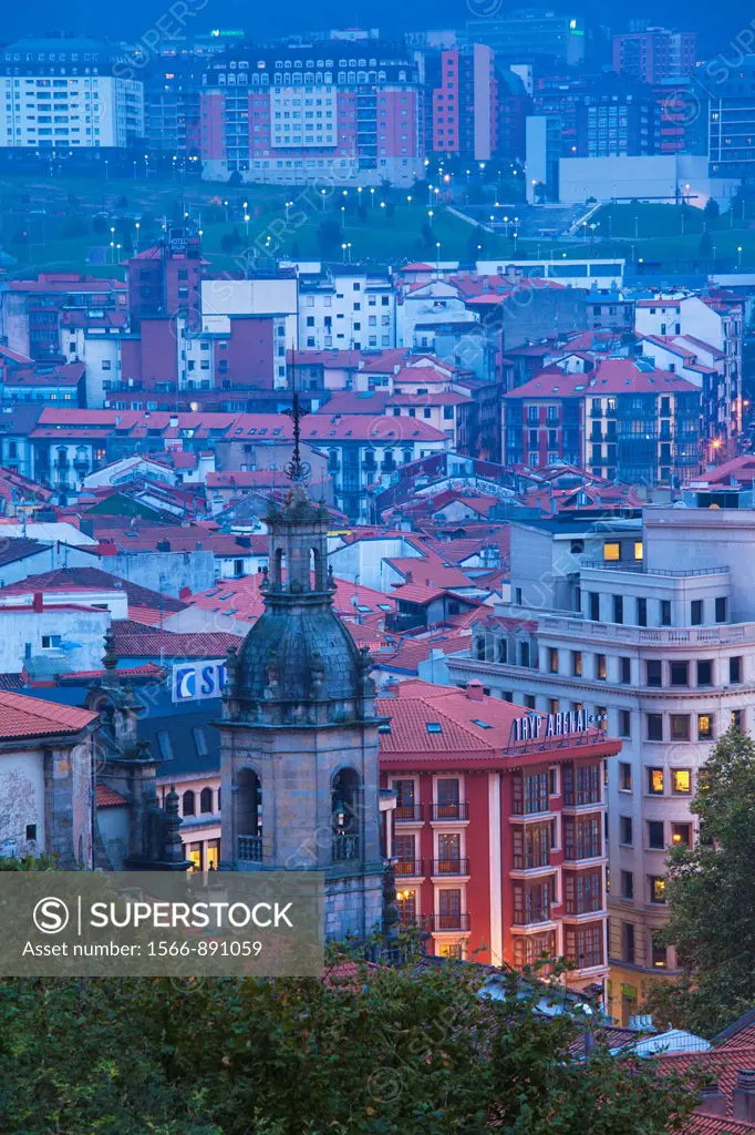 Spain, Basque Country Region, Vizcaya Province, Bilbao, elevated city view from Parque Etxebarria park, evening