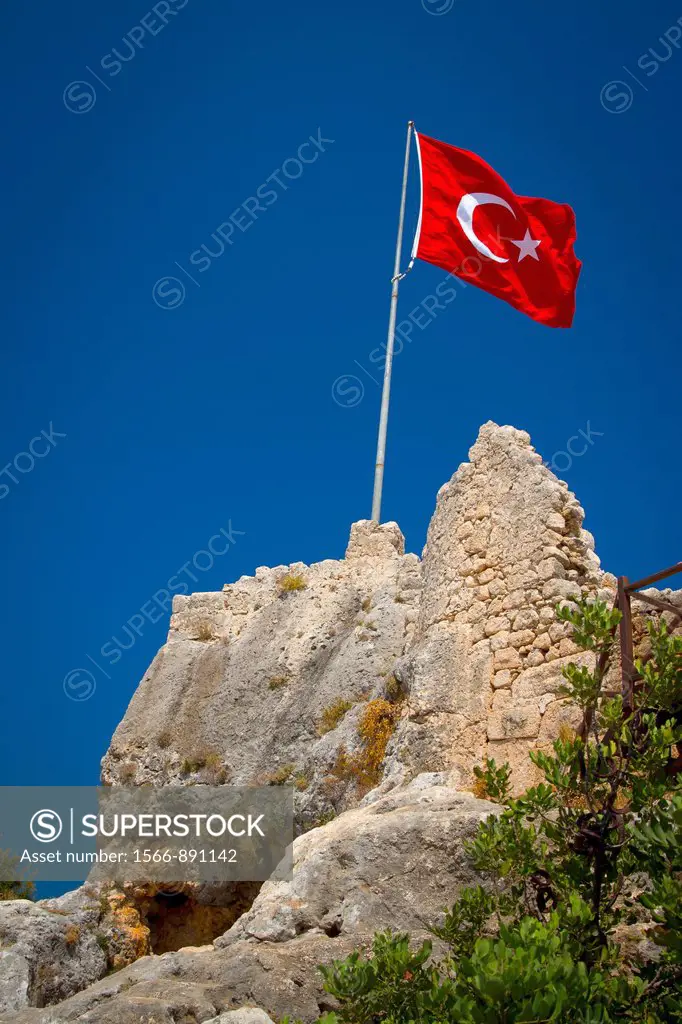 Turkish flag  Kaleköy  Antalya province  Mediterranean coast  Turkey