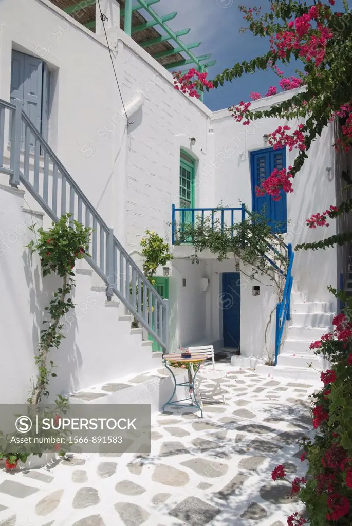 Pretty white-washed houses in the town of Parikia on the island of Paros, Cyclades, Greece
