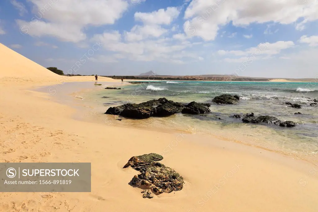 Praia de Chaves, Rabil, Boa Vista, Cape Verde Islands, Africa  View along seashore of quiet white sand beach