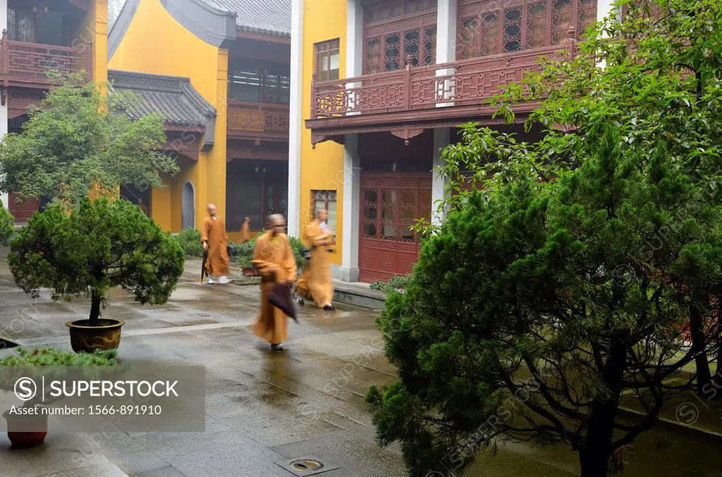 Buddhist monks with umbrella and cameras at the Ling Yin Temple in Hangzhou China