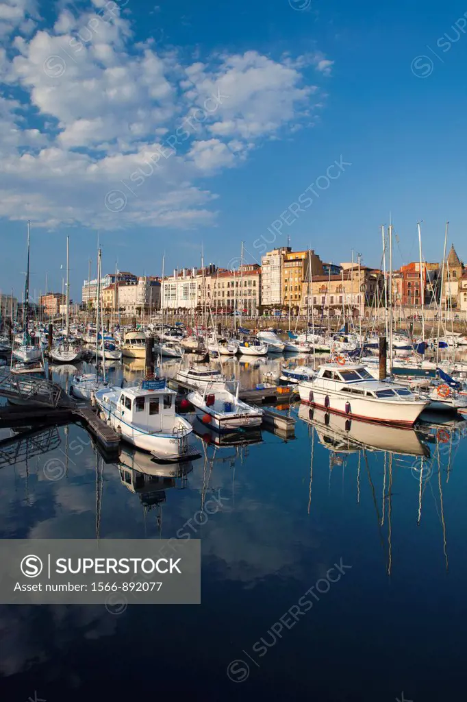 Spain, Asturias Region, Asturias Province, Gijon, Cimadevilla Old Town, harborfront buildings along the Puerto Deportivo port