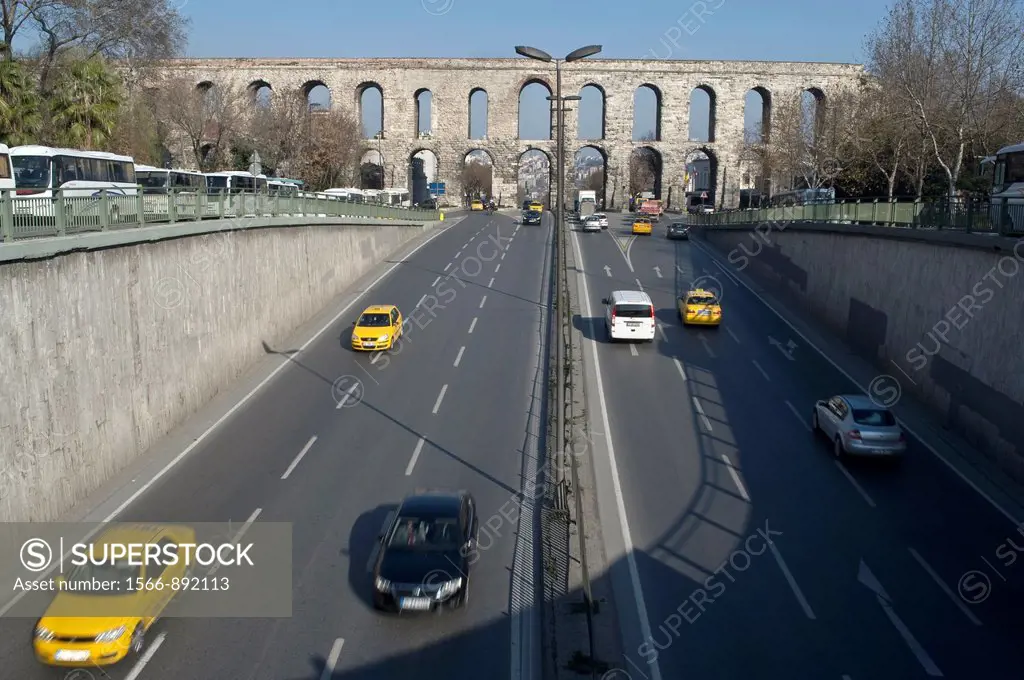 The road crossing the aqueduct in Istanbul city, Turkey