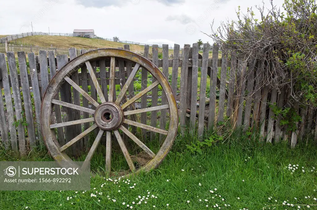 Estancia Haberton, Old wood wagon wheel, Fireland, Patagonia, Argentina