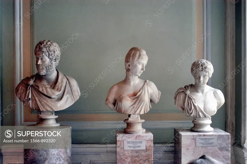 Russia, St  Petersburg, The State Hermitage Museum, L to R: Portrait of a Roman, Portrait of Cornelia Salonina, Portrait of Young Caracalla
