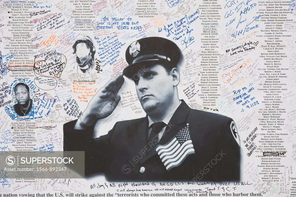 Messages and remembrances of 9/11 posted on Greenwich Street near the entrance to the National September 11 Memorial in New York City, New York, USA