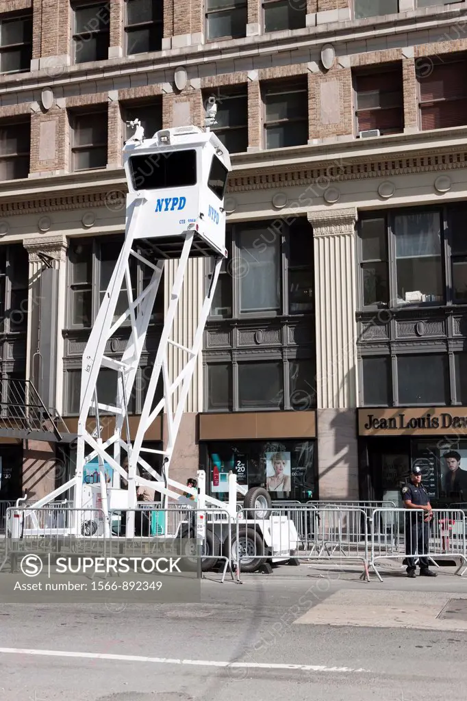 NYPD Mobile Observation Tower deployed at the intersection of Church and Vesey Streets during heightened security alert on September 10, 2011