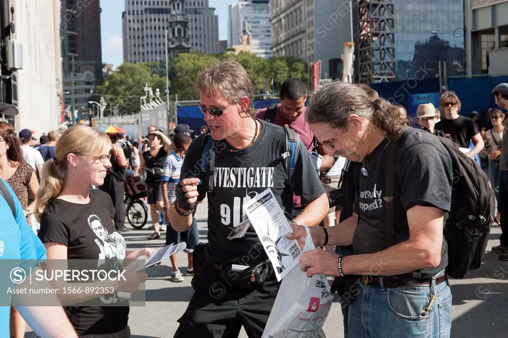 Protesters hand out literature at the World Trade Center PATH station in New York City, New York, USA