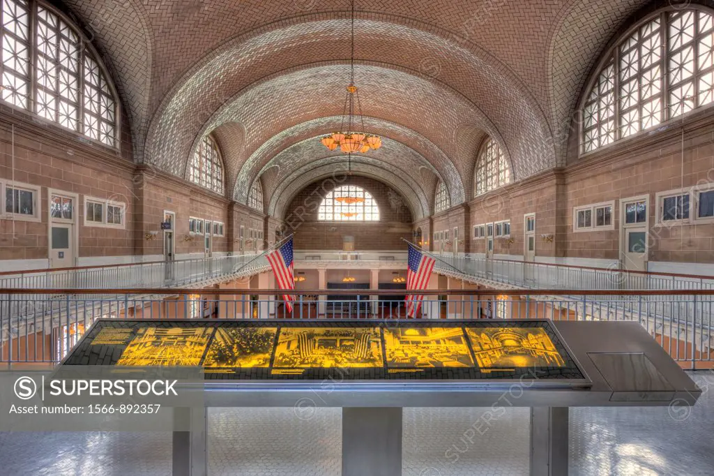 A view of the Ellis Island Registry Room the Great Hall from the 2nd floor balcony inside the Ellis Island Immigration Museum  The Museum is part of t...