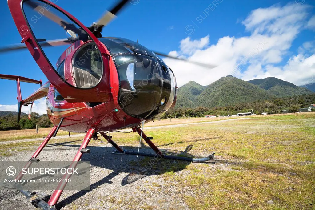 Detail of mountain helicopter and landscape in Fox Glacier, Southern Alps, South Island, New Zealand