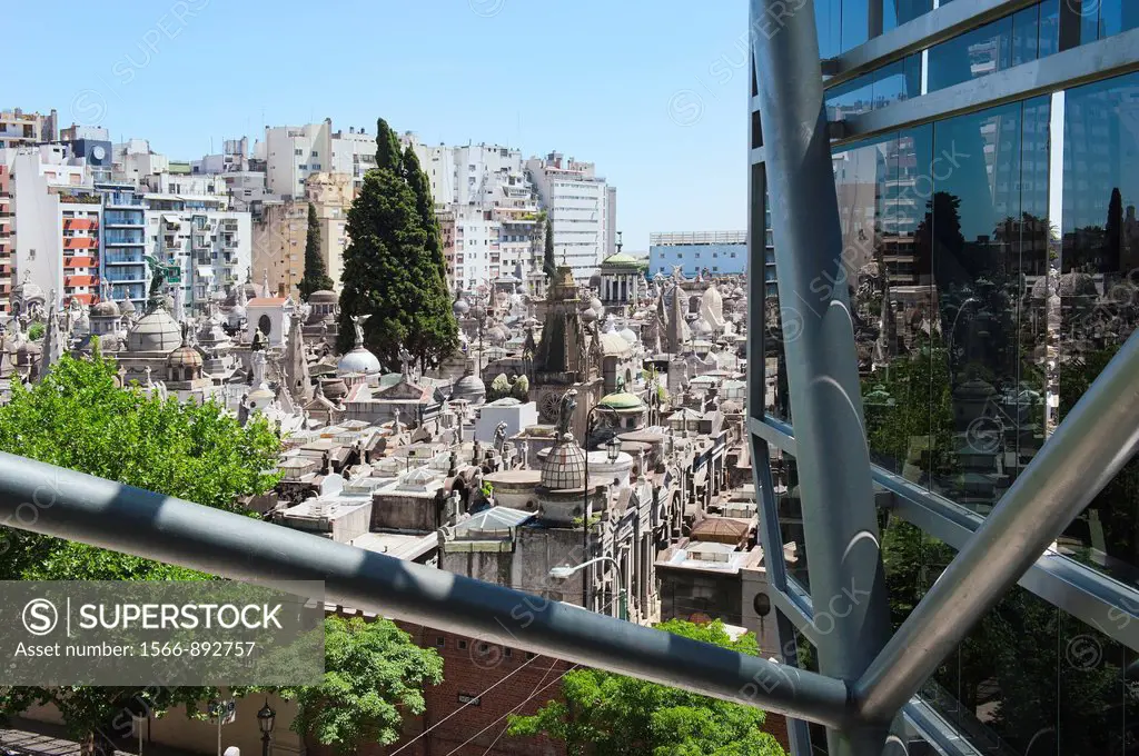 Recoleta cemetery viewed through the windows of a commercial mall, Buenos Aires, Argentina