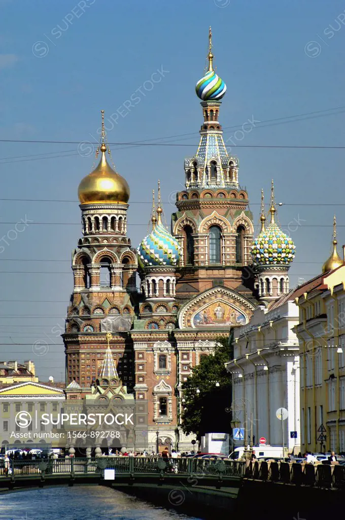 Russia, St  Petersburg, Griboyedova Canal, Church of Our Saviour on Spilled Blood in the background