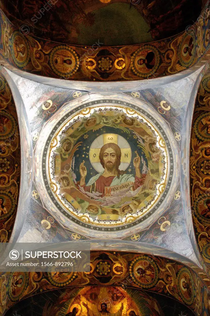 Russia, St  Petersburg,The Church of Our Savior on the Spilled Blood Where Tsar Alexander II was assasinated in 1881, Portrait of Jesus on a dome