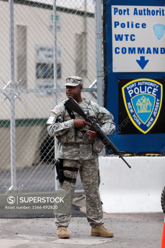 Marines armed with assault rifles provide a security presence at the World Trade Center PATH station in addition to that of Port Authority police duri...