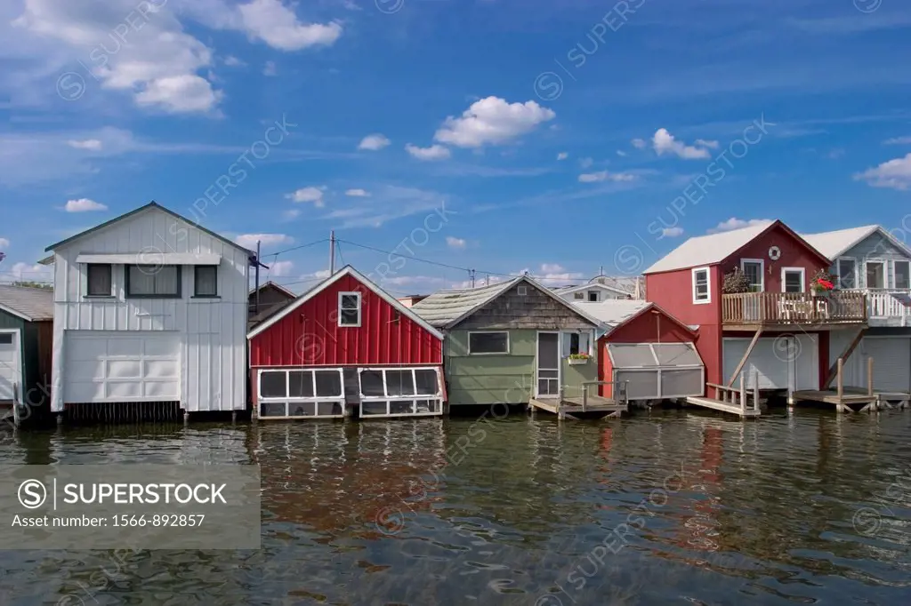 Historic boat houses on the pier in Canandaigua on Canandaigua Lake in the Finger Lakes region of New Yrok State