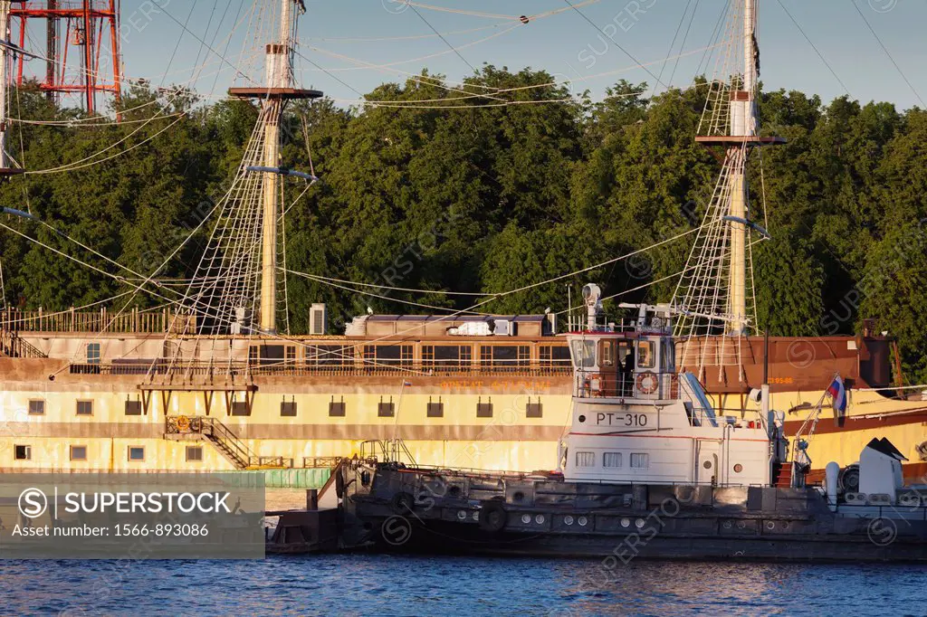 Russia, Novgorod Oblast, Veliky Novgorod, Volkhov River, floating restaurant ship