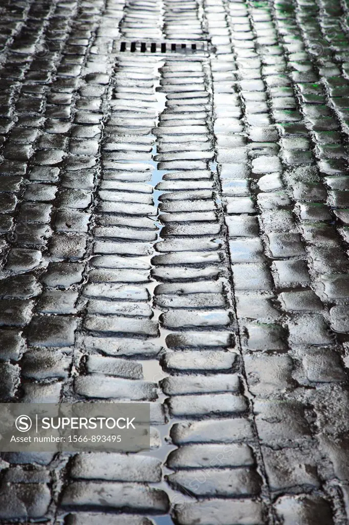Spain, Castilla y Leon Region, Salamanca Province, Salamanca, Plaza Mayor, wet cobblestones