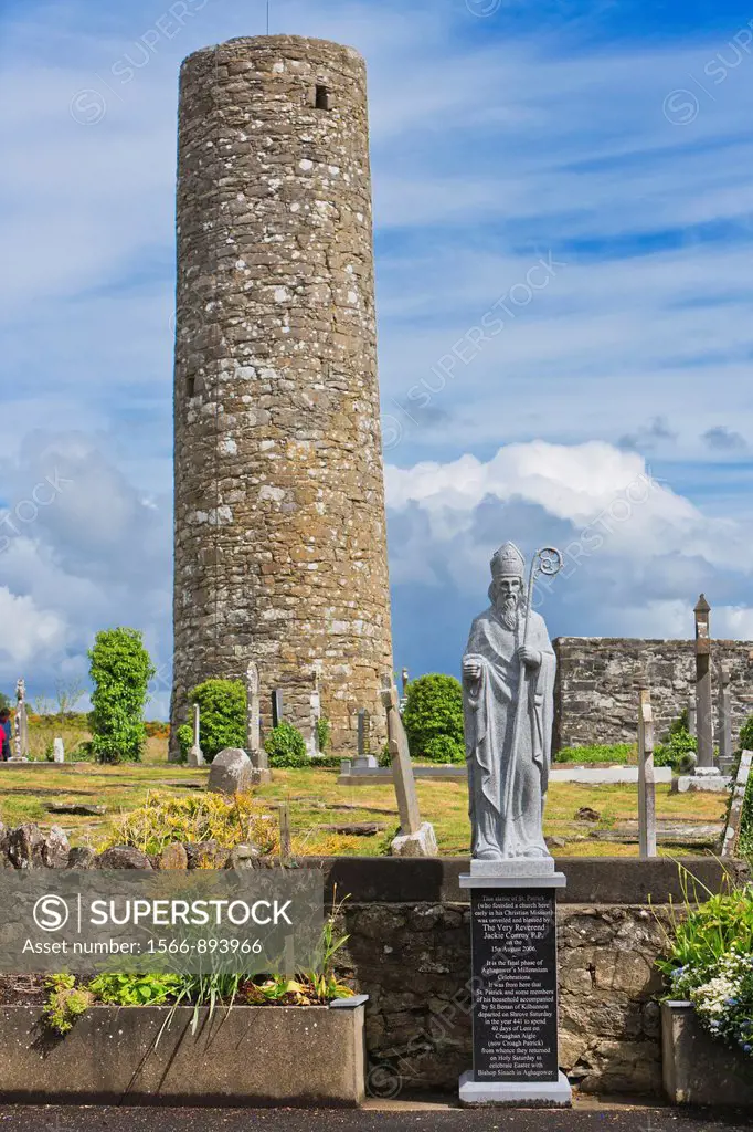 Statue of Saint Patrick and Roundtower, Aghagower, County Mayo, Ireland, Europe