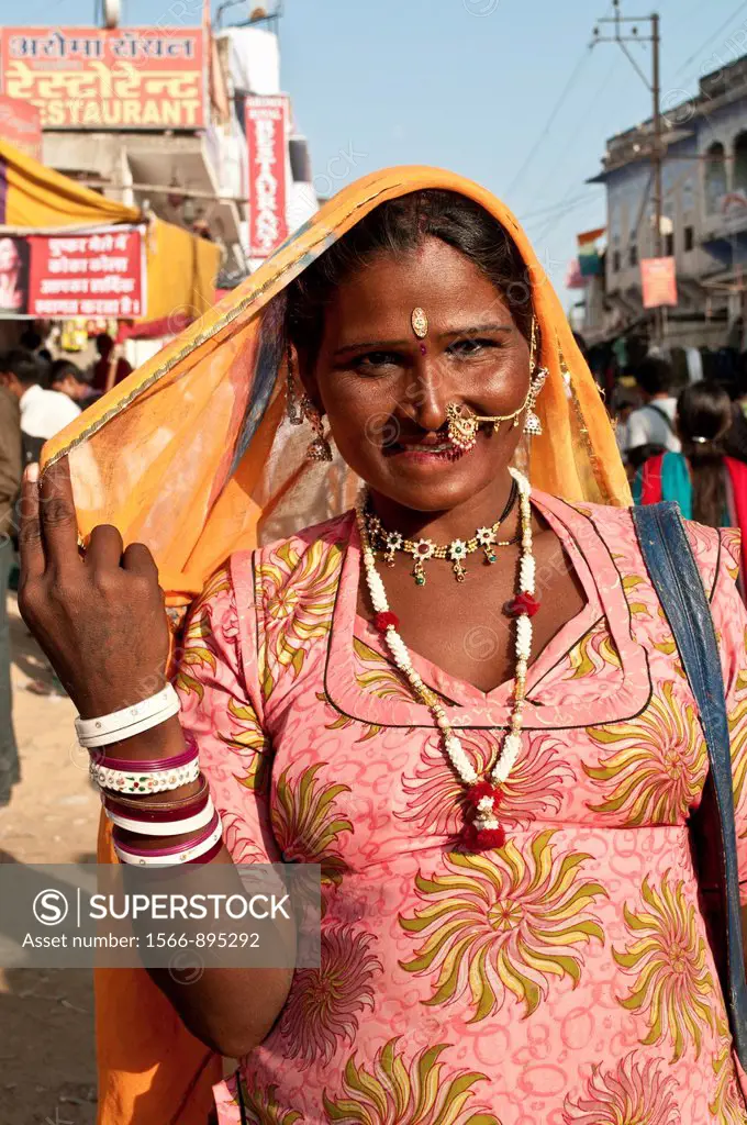 Woman in sari smiling, Pushkar, Rajasthan, India