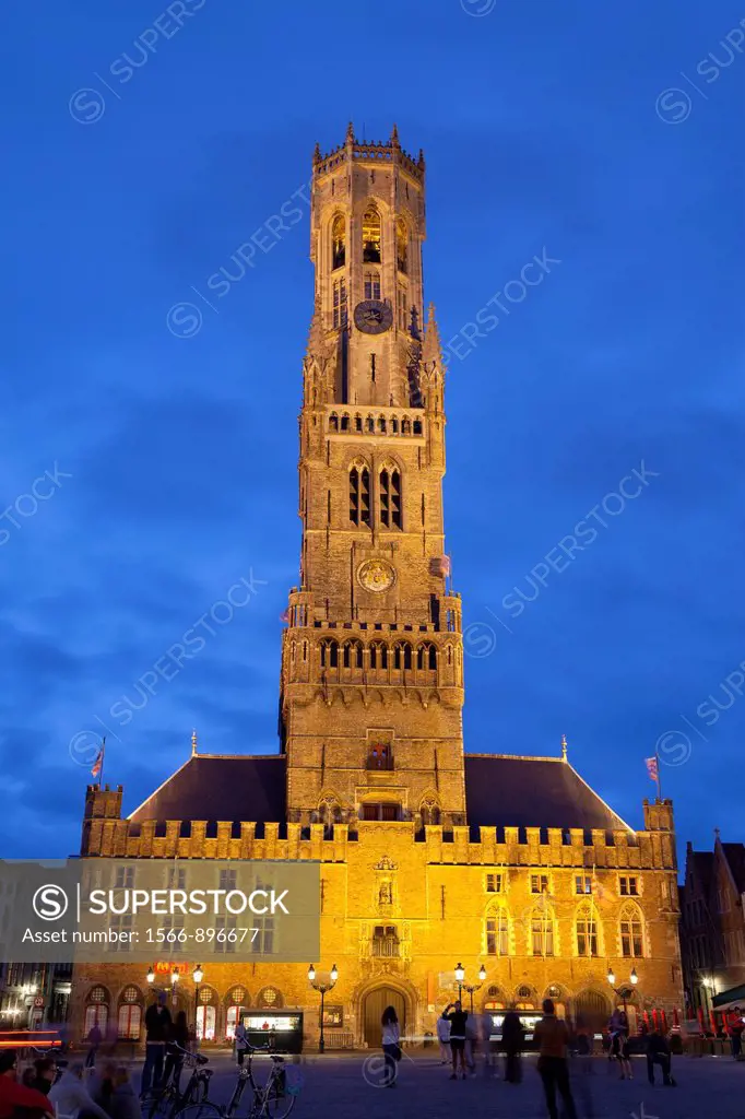 belfry, illuminated at night, Bruges, Belgium