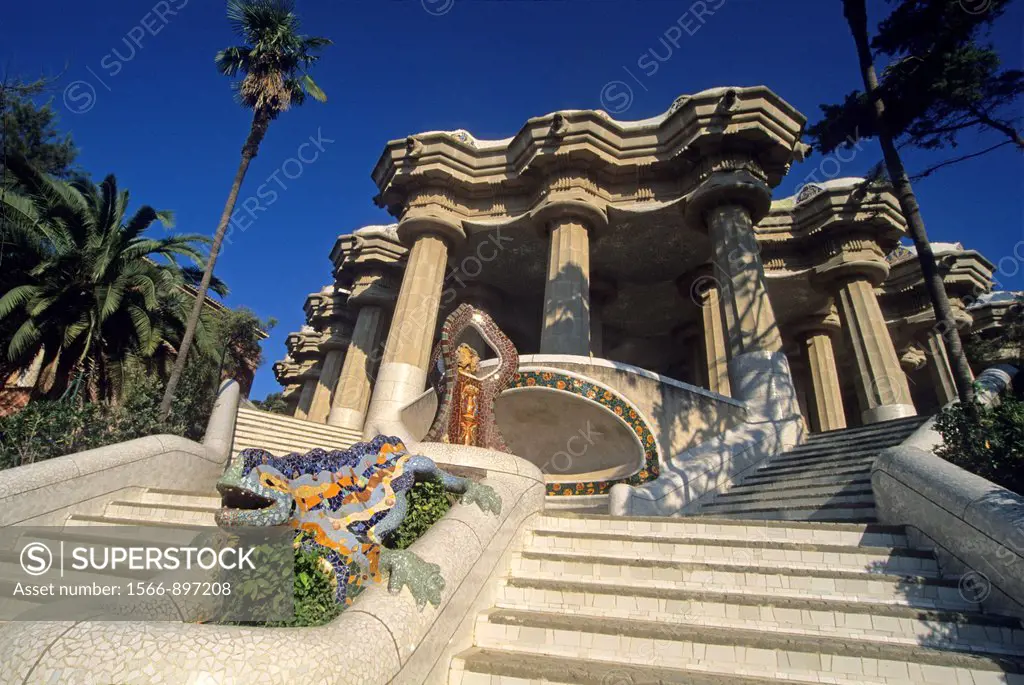 entrance of the Park Guell designed by the Catalan architect Antoni Gaudi, Barcelona, Catalonia, Spain, Europe