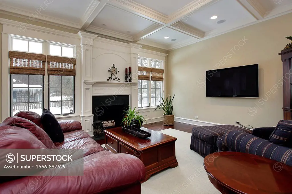 Family room with fireplace and leather couch