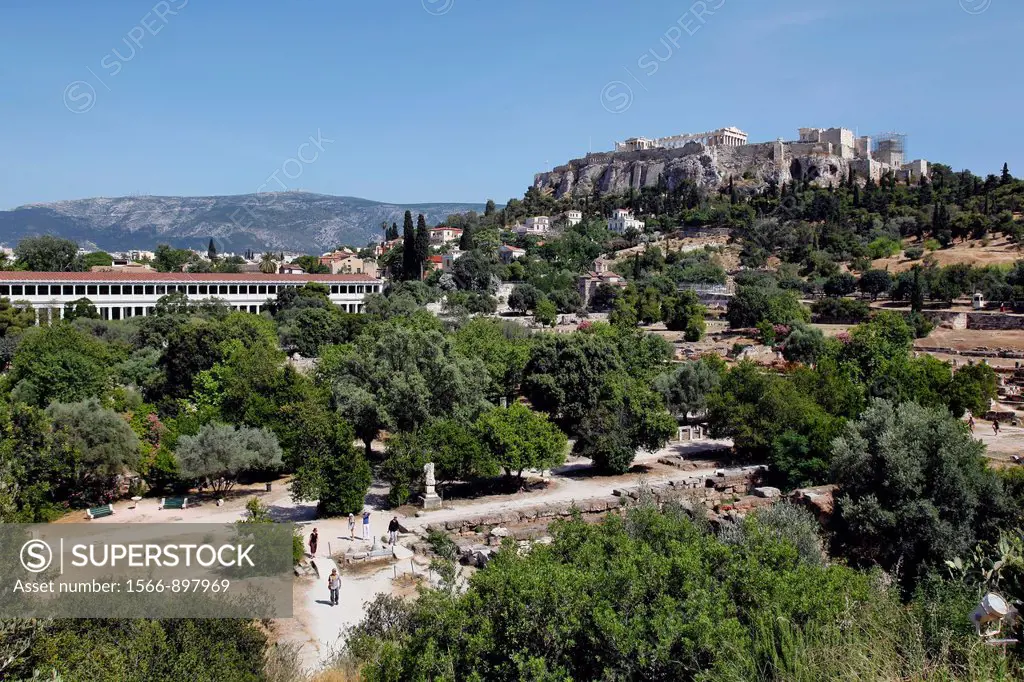 View of the Acropolis and museum from the Ancient Agora in Athens, Greece