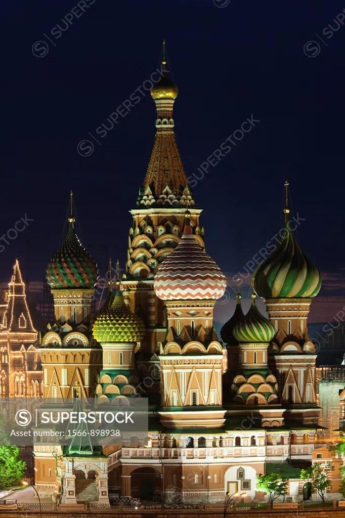 Russia, Moscow Oblast, Moscow, Red Square, elevated view of Saint Basils Cathedral, dusk