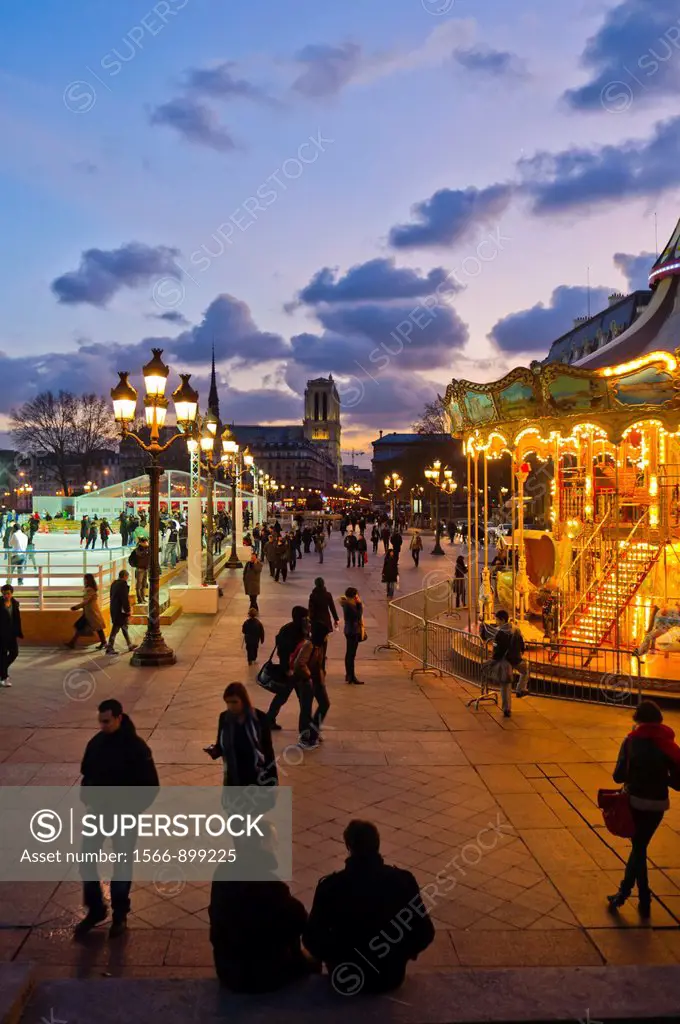 Paris, France, Town Square Scenic in Front of City Hall Building, at Dusk, with Skating Ring and Merry-go-Round, Roundabout