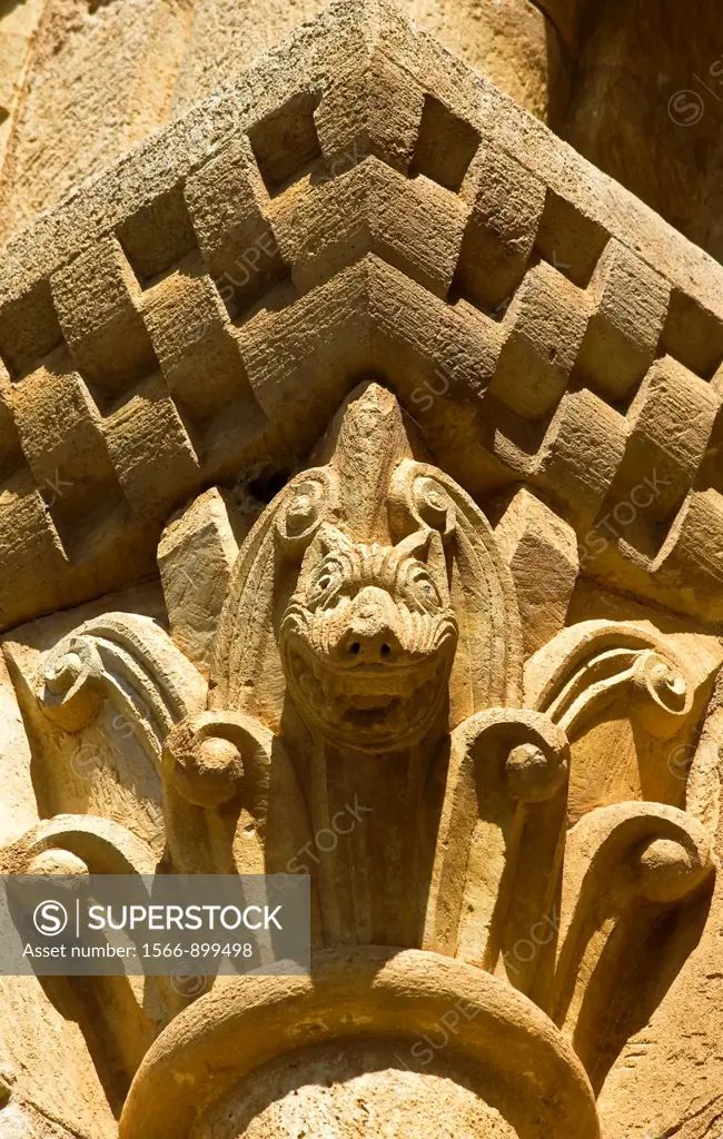 Capital in a window of the Romanesque church of San Pedro de Tejada - Valle de Valdivielso - Burgos - Castilla y Leon - Spain