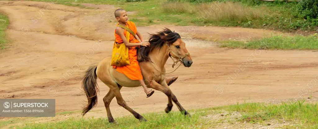 Novice is riding horse to go for collecting alms offerings, Wat Tam Pa Ar-Cha Thong, Maechan, Chiangrai, North of Thailand.