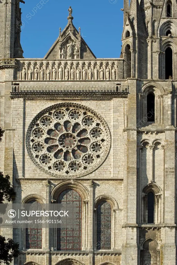 Detail of rosette and upper section of the main facade of the Cathedral of Chartres, France