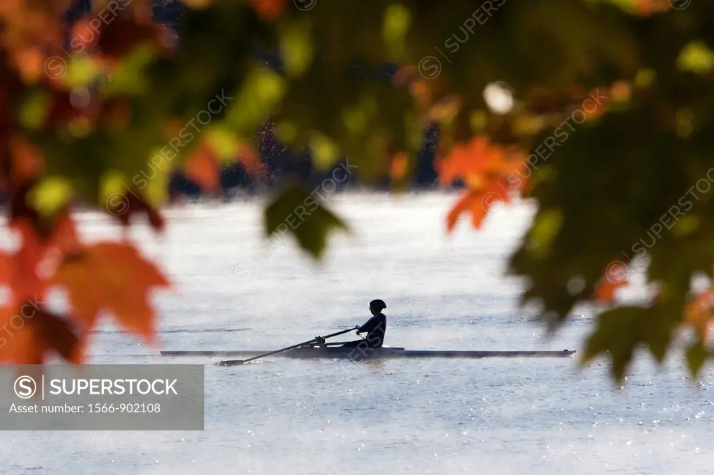 Rowing in Early Morning Mist - Lake Julian - Asheville, North Carolina USA