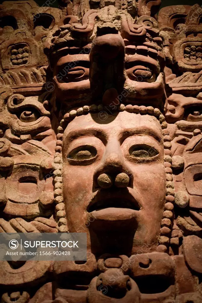 Detail of a Mayan plaster frieze from Early Classic period approximately AD 200-600 displayed in the National Museum of Anthropology in Mexico City, N...