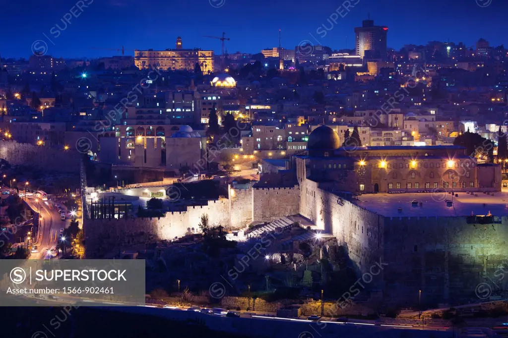 Israel, Jerusalem, elevated city view with Temple Mount and city walls from the Mount of Olives, evening