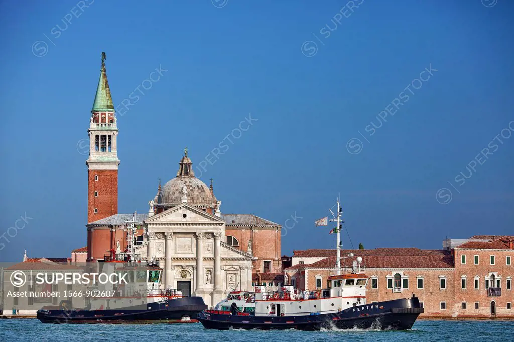 Boats crossing in front of San Giorgio Maggiore Basilica, Venice, Italy