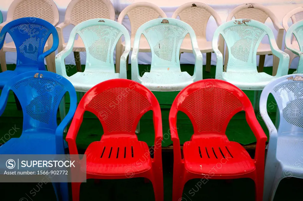 Plastic chairs, India, Asia, football stadium